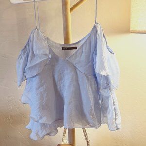 Zara Baby Blue Flowy Off Shoulder Top